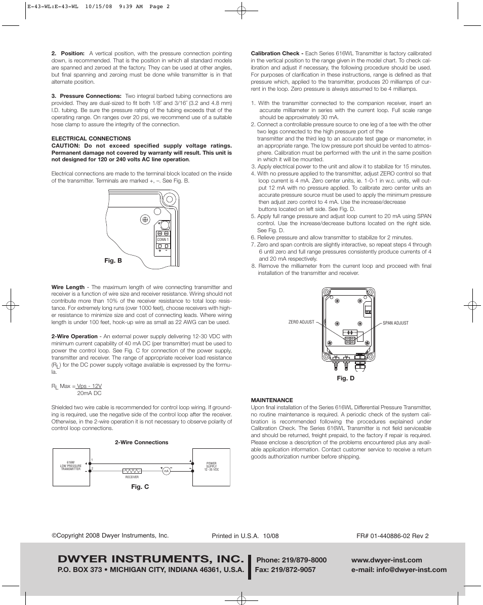 Dwyer instruments, inc | Dwyer 616WL User Manual | Page 2 / 2
