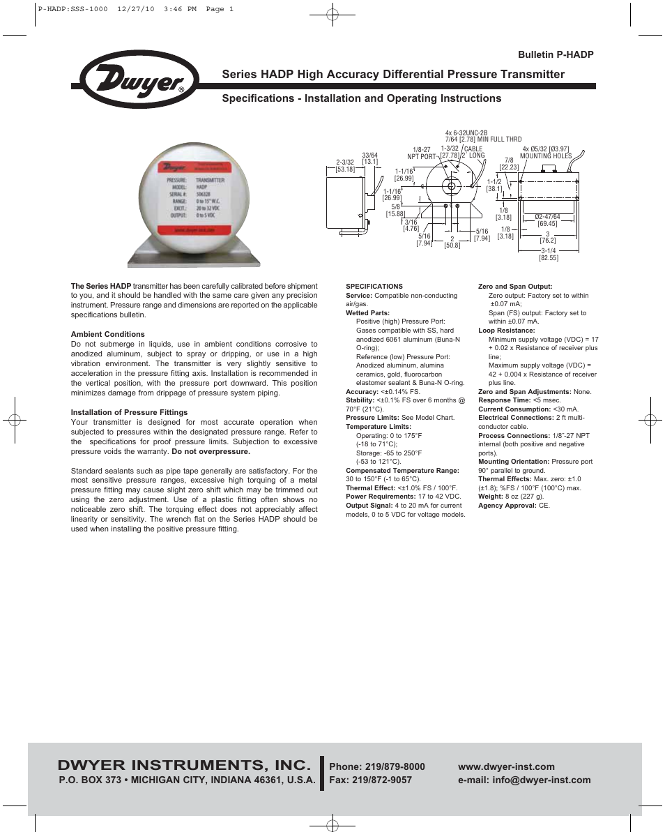 Dwyer HADP User Manual | 4 pages