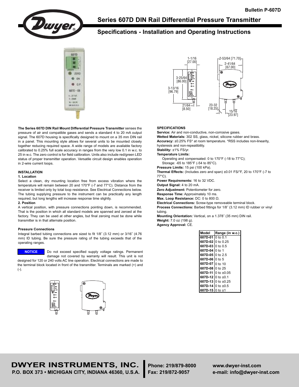 Dwyer 607D User Manual | 2 pages