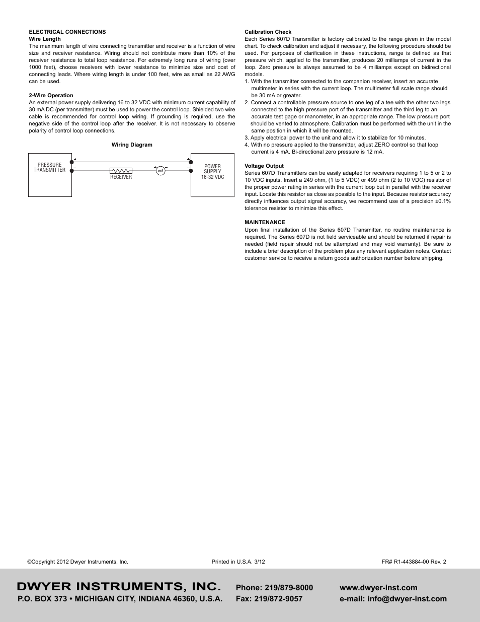 Dwyer instruments, inc | Dwyer 607D User Manual | Page 2 / 2