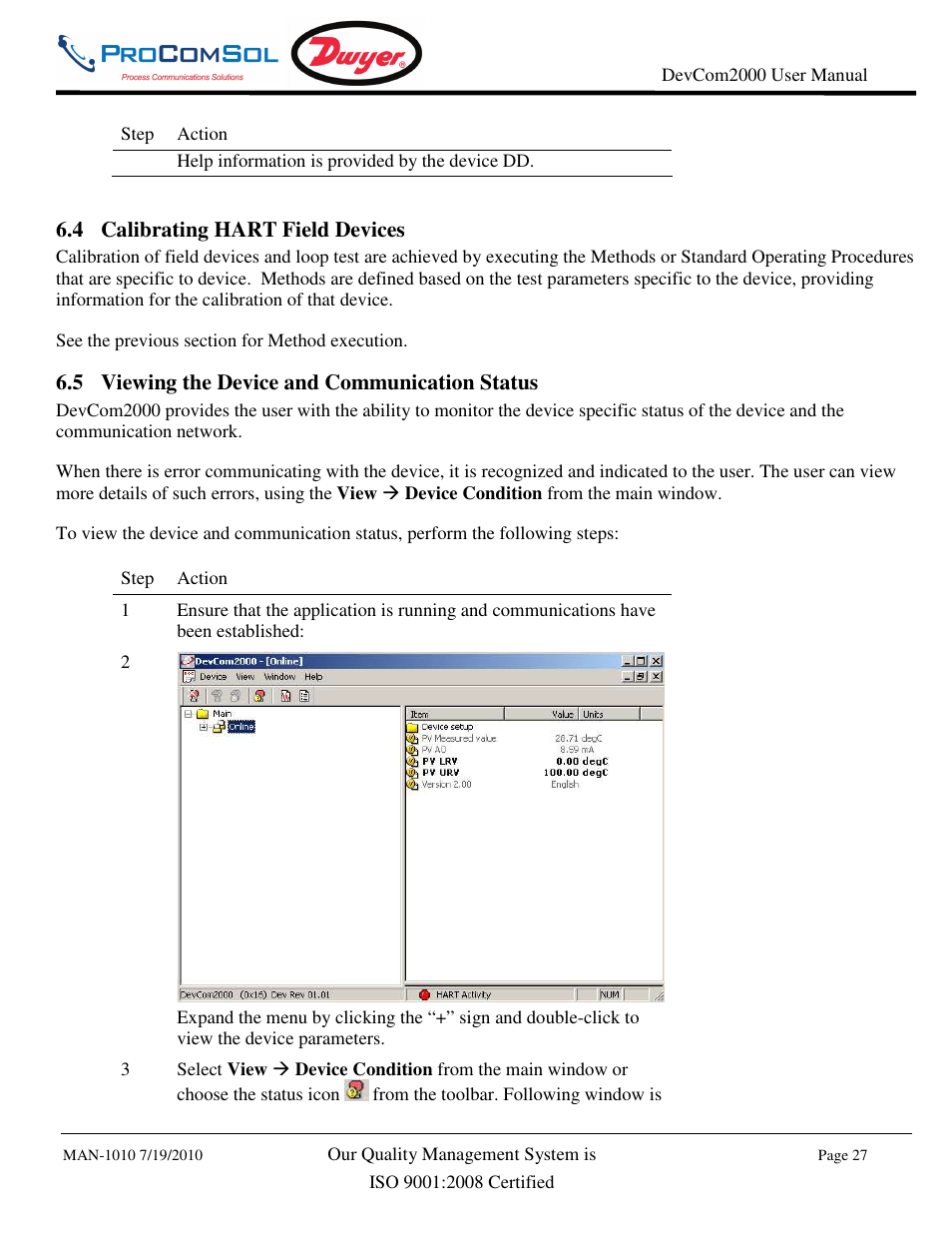 4 calibrating hart field devices, 5 viewing the device and communication status | Dwyer DevCom2000 User Manual | Page 27 / 42