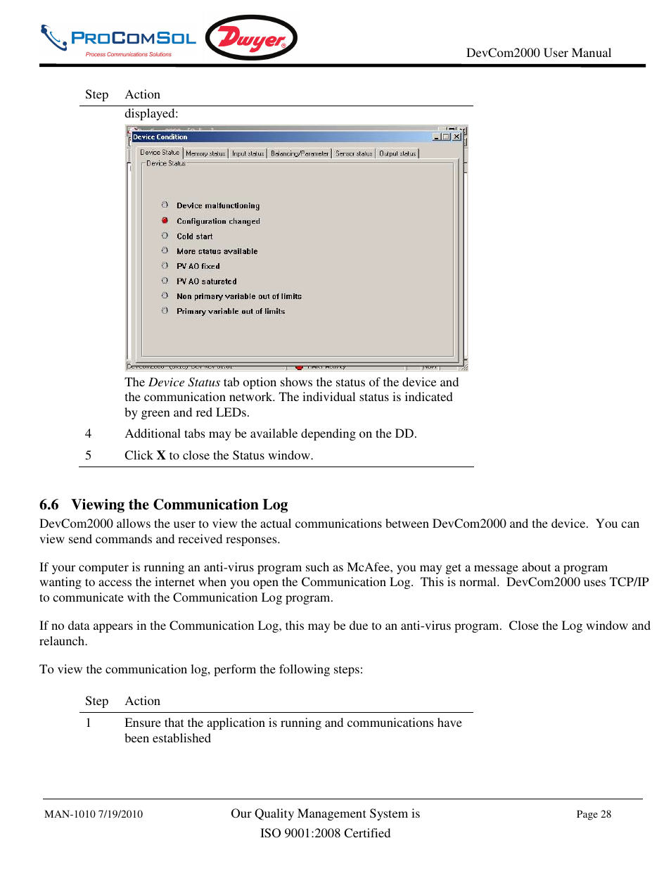 6 viewing the communication log | Dwyer DevCom2000 User Manual | Page 28 / 42