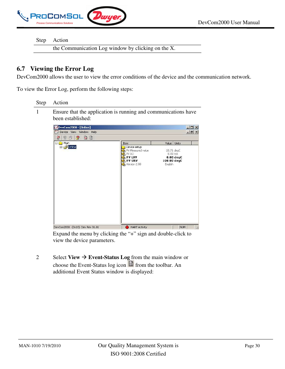7 viewing the error log | Dwyer DevCom2000 User Manual | Page 30 / 42