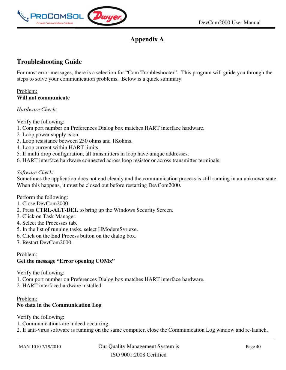 Appendix a troubleshooting guide | Dwyer DevCom2000 User Manual | Page 40 / 42