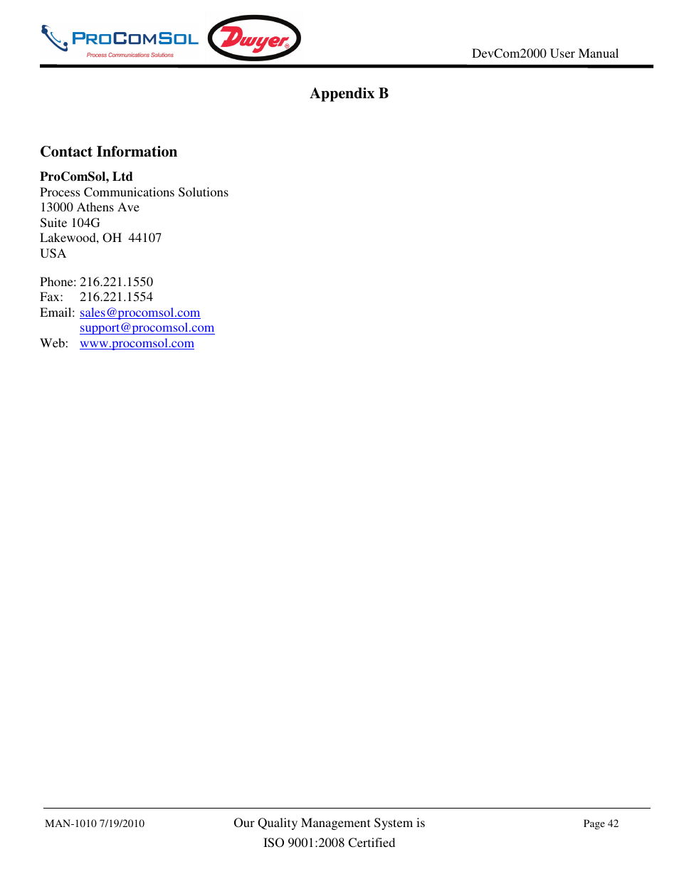 Appendix b contact information | Dwyer DevCom2000 User Manual | Page 42 / 42