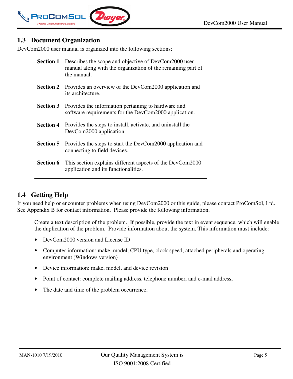 3 document organization, 4 getting help | Dwyer DevCom2000 User Manual | Page 5 / 42