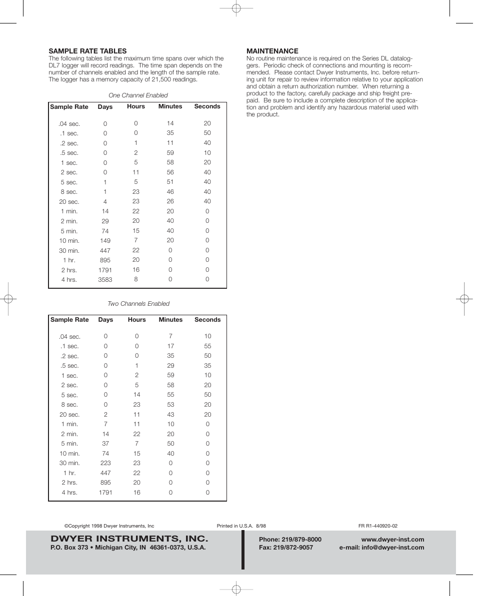 Dwyer instruments, inc | Dwyer DL7 User Manual | Page 8 / 8