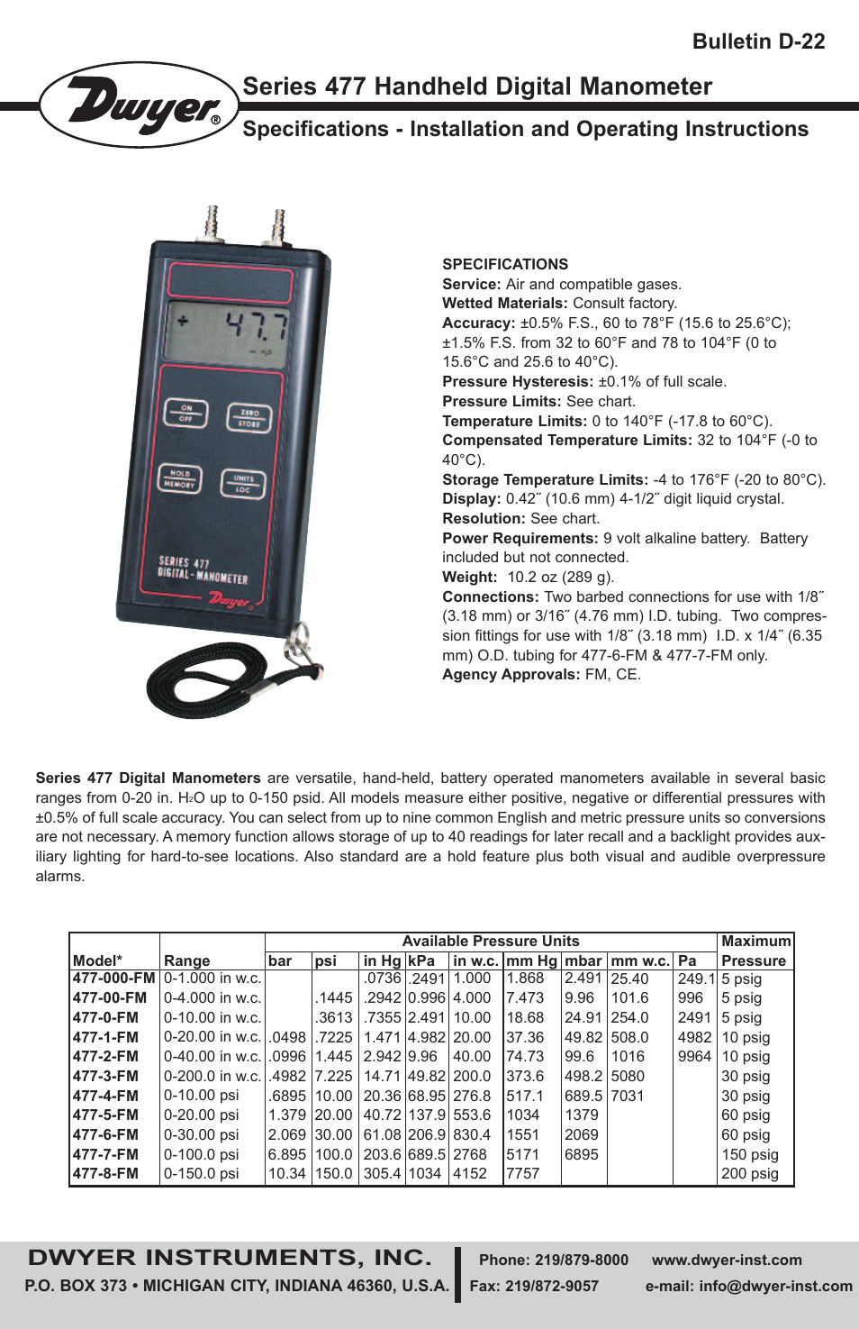 Dwyer 477 User Manual | 4 pages