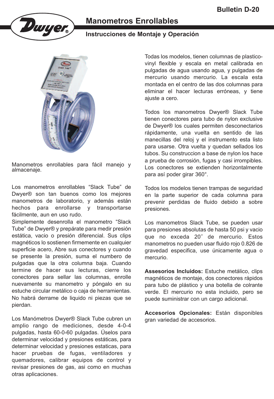 Manometros enrollables, Bulletin d-20 | Dwyer 1212 User Manual | Page 3 / 4