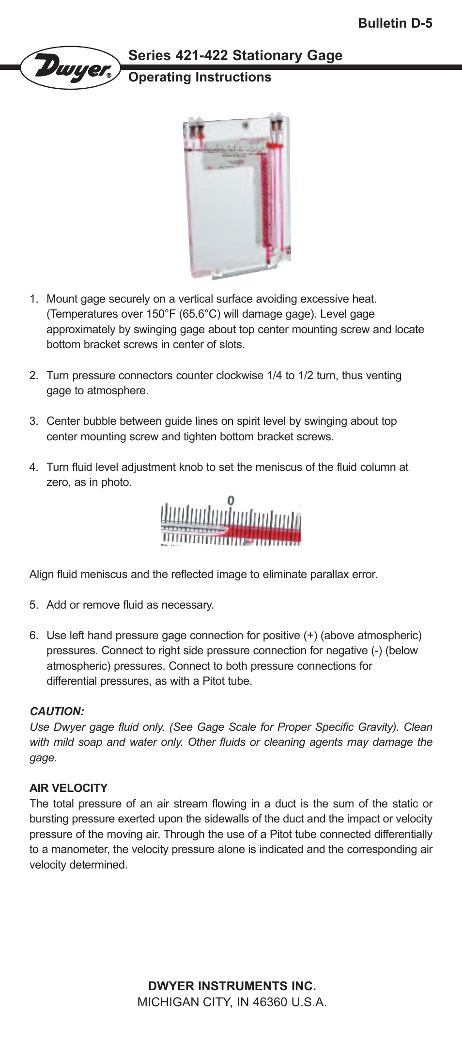 Dwyer 422 User Manual | 2 pages