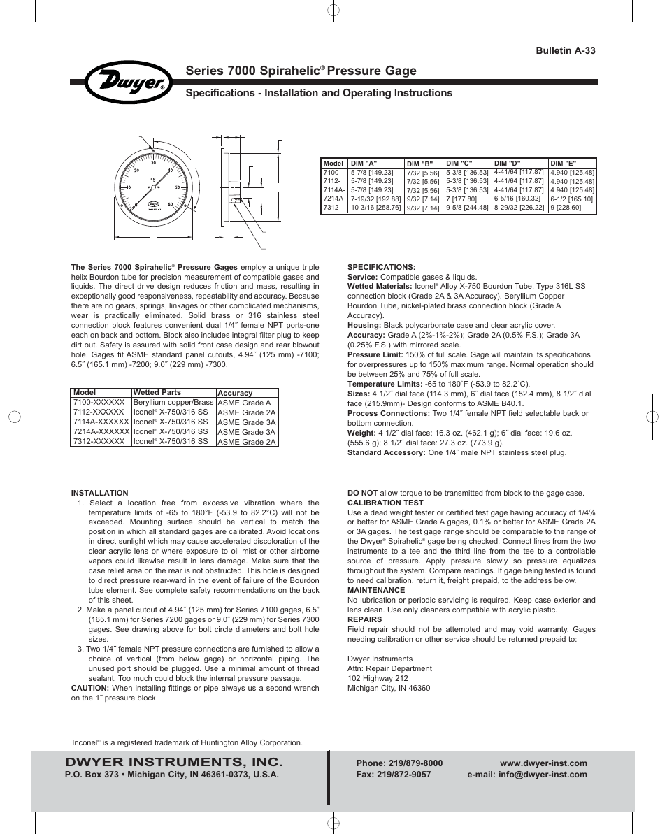 Dwyer 7000 User Manual | 2 pages