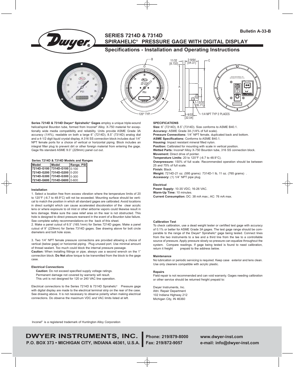 Dwyer 7314D User Manual | 2 pages