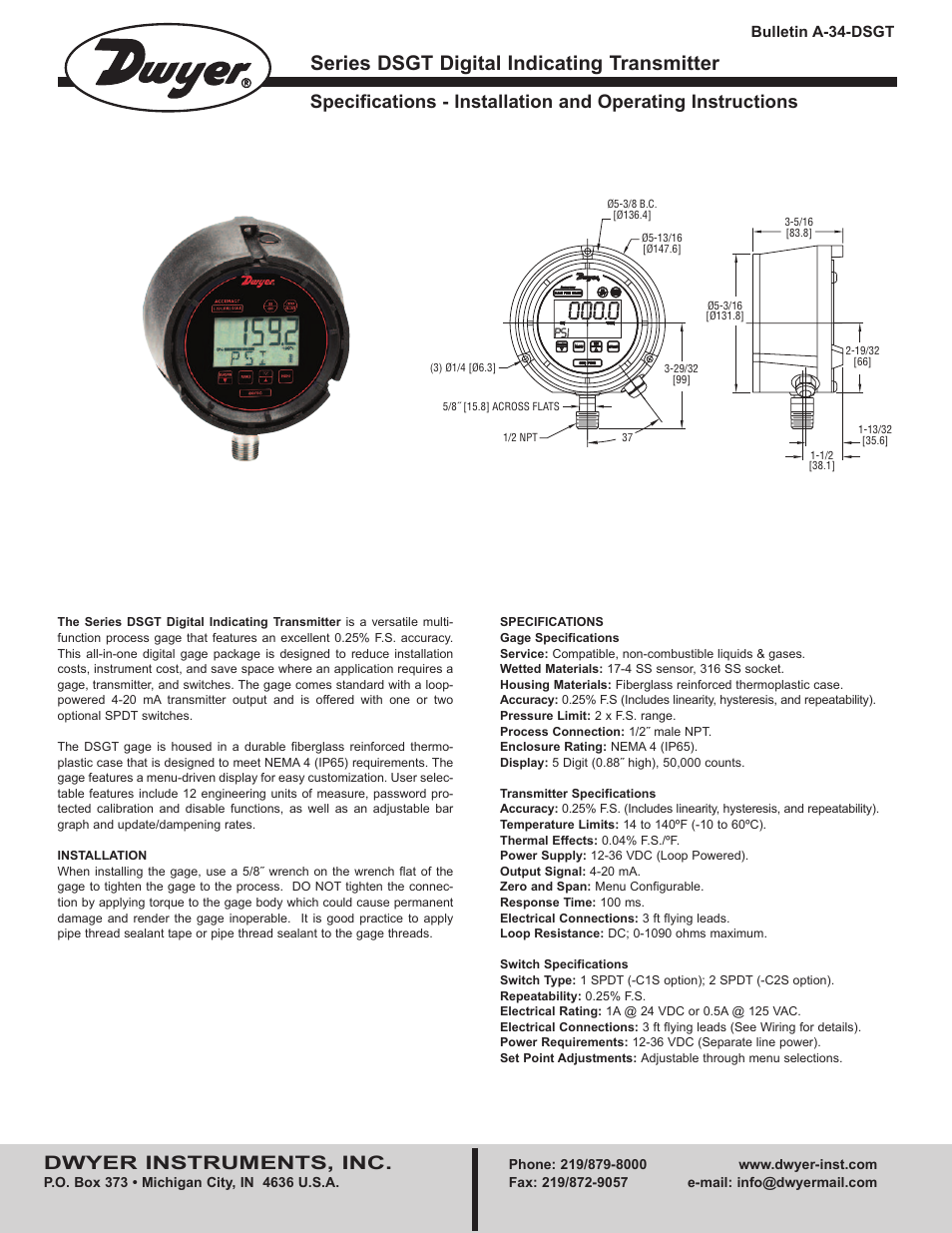 Dwyer DSGT User Manual | 4 pages