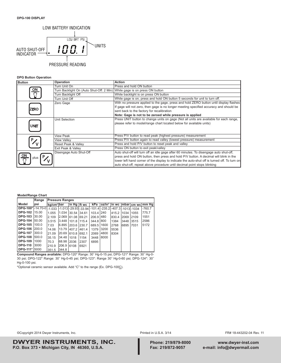 Dwyer instruments, inc | Dwyer DPG-100 User Manual | Page 2 / 2