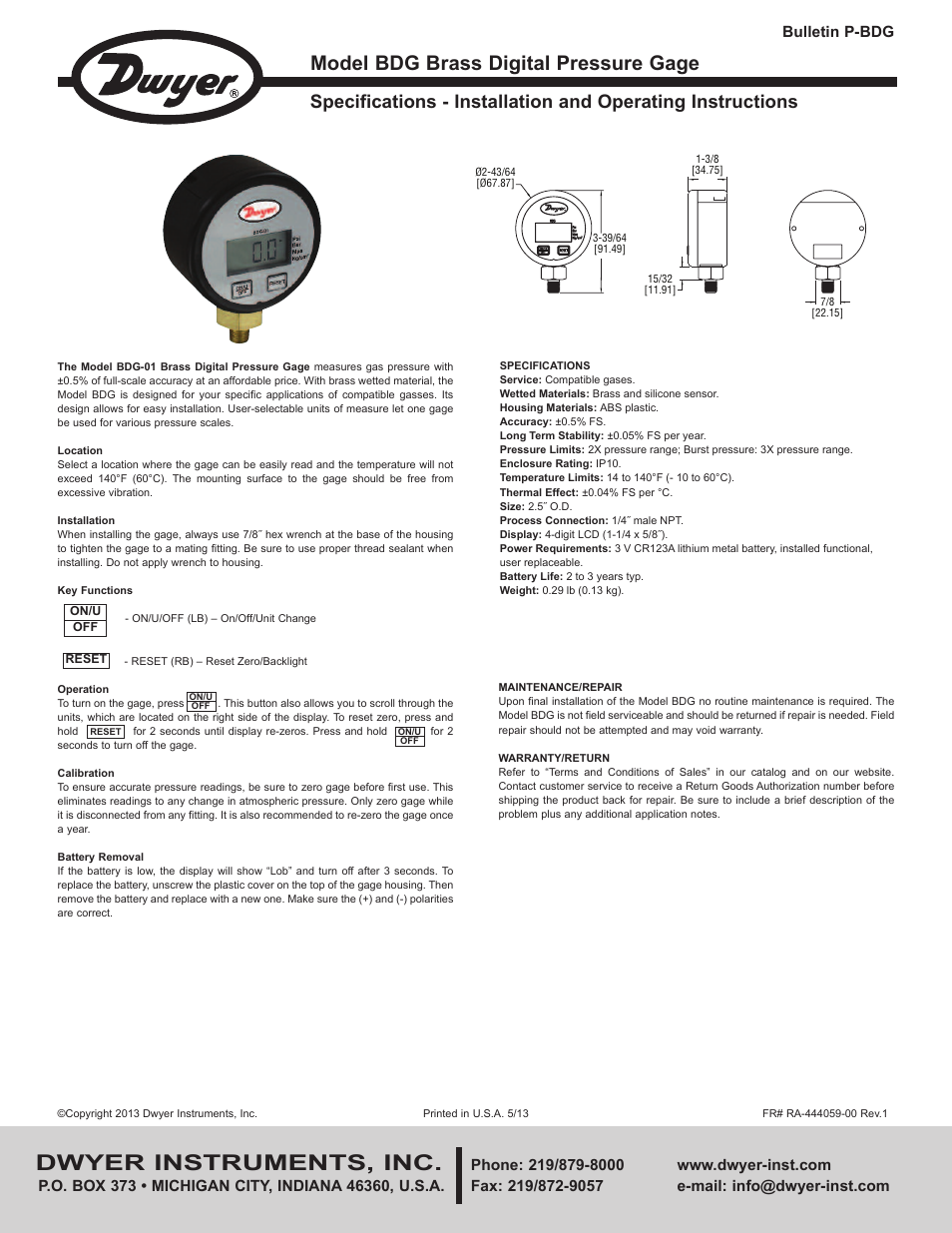 Dwyer BDG User Manual | 1 page