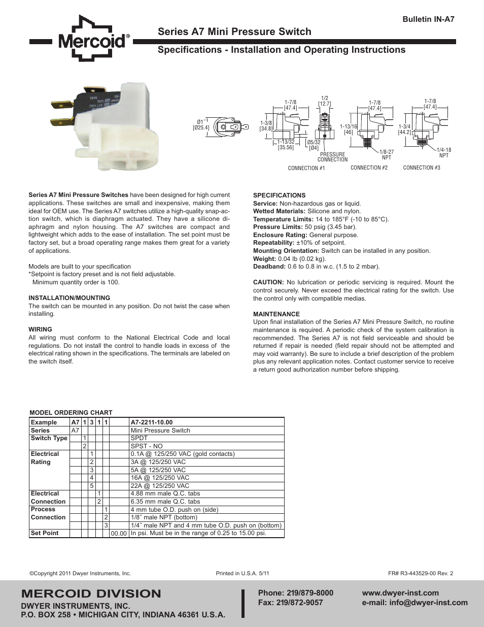 Dwyer A7 User Manual | 1 page