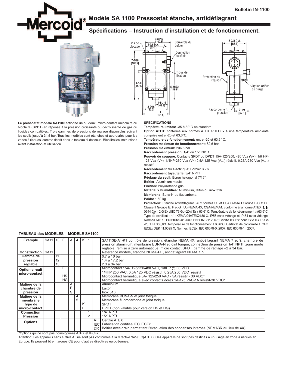 Modèle sa 1100 pressostat étanche, antidéflagrant, Bulletin in-1100 | Dwyer SA1100 User Manual | Page 5 / 8