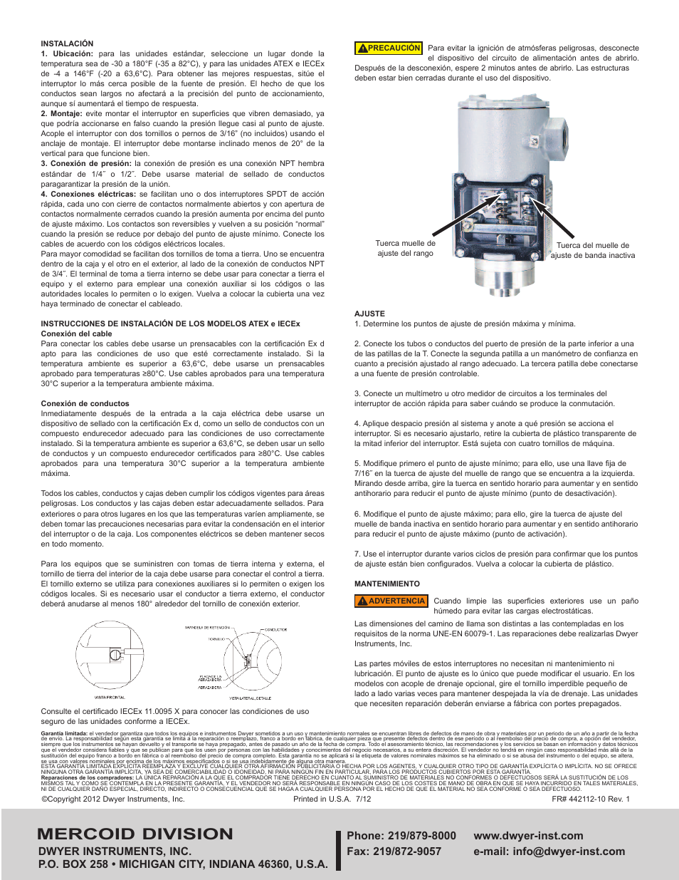 Mercoid division | Dwyer SA1100 User Manual | Page 8 / 8