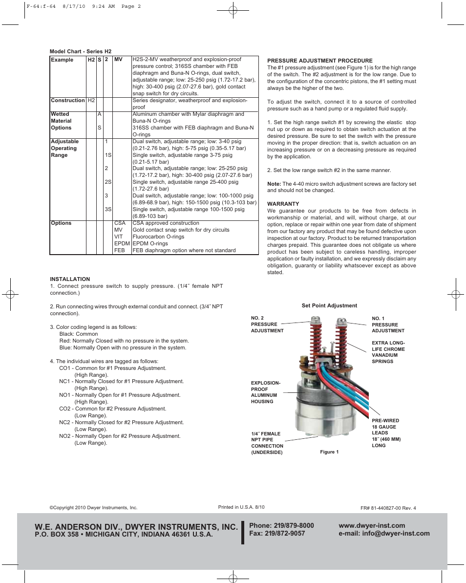 W.e. anderson div., dwyer instruments, inc | Dwyer H2 User Manual | Page 2 / 2
