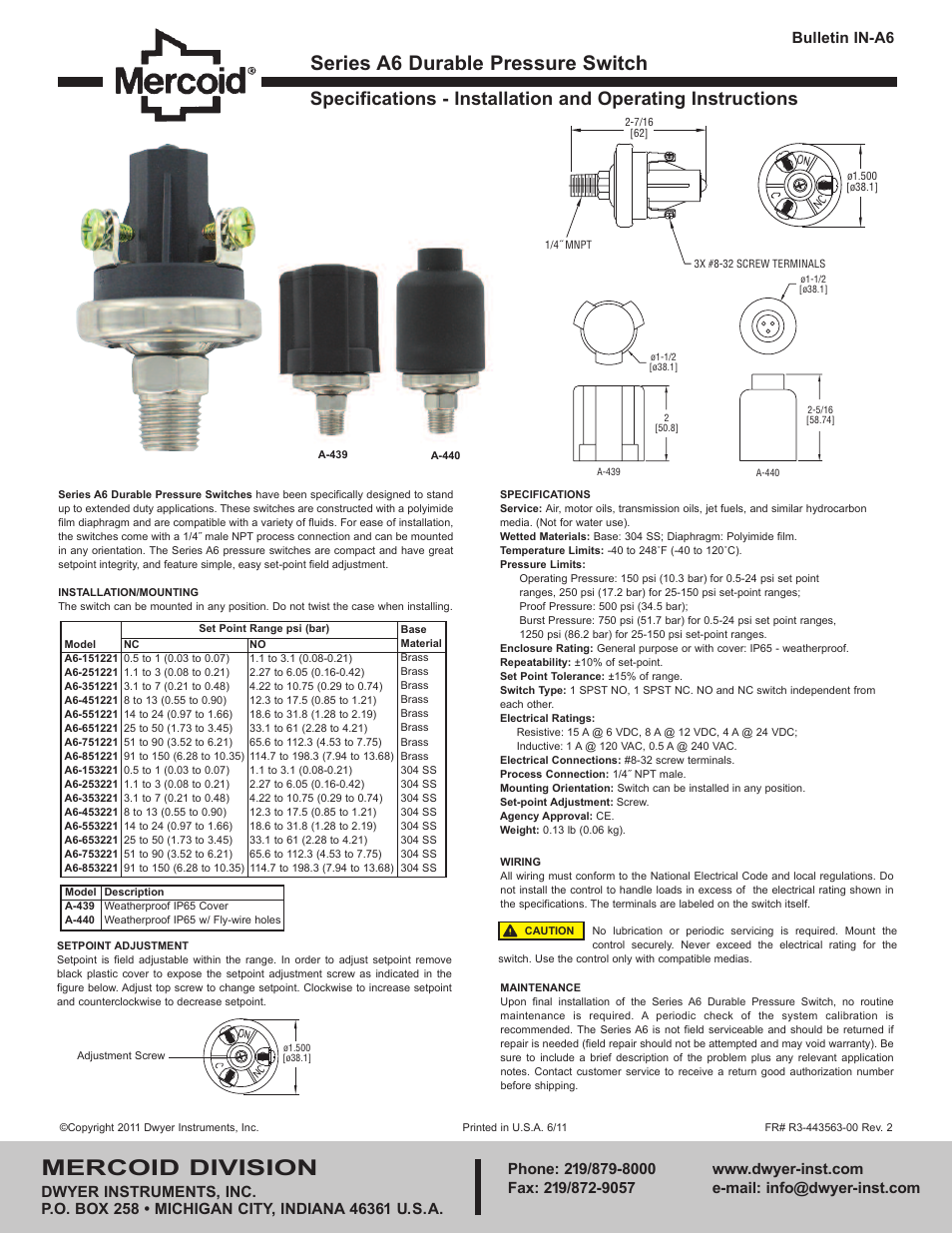 Dwyer A6 User Manual | 1 page