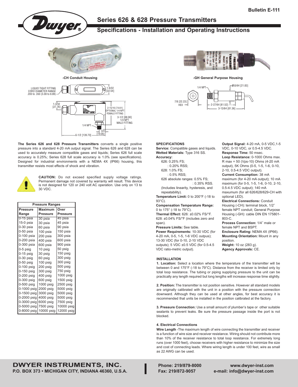 Dwyer 628 User Manual | 4 pages