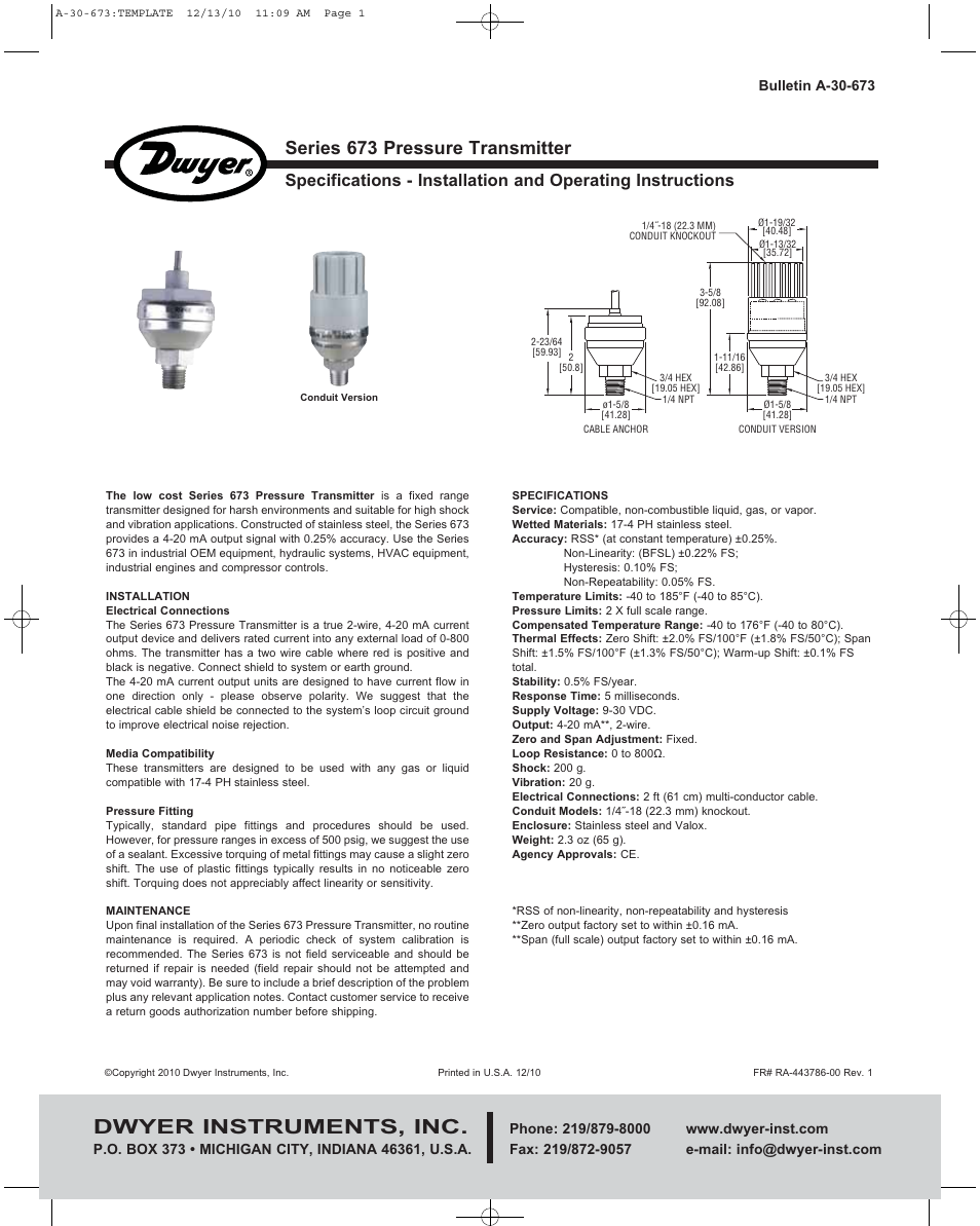 Dwyer 673 User Manual | 1 page