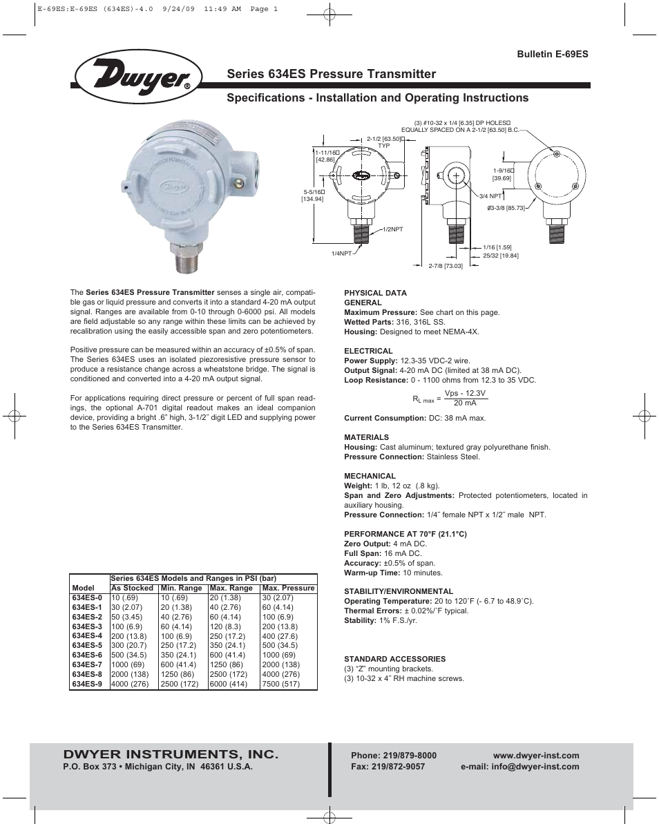 Dwyer 634ES User Manual | 4 pages