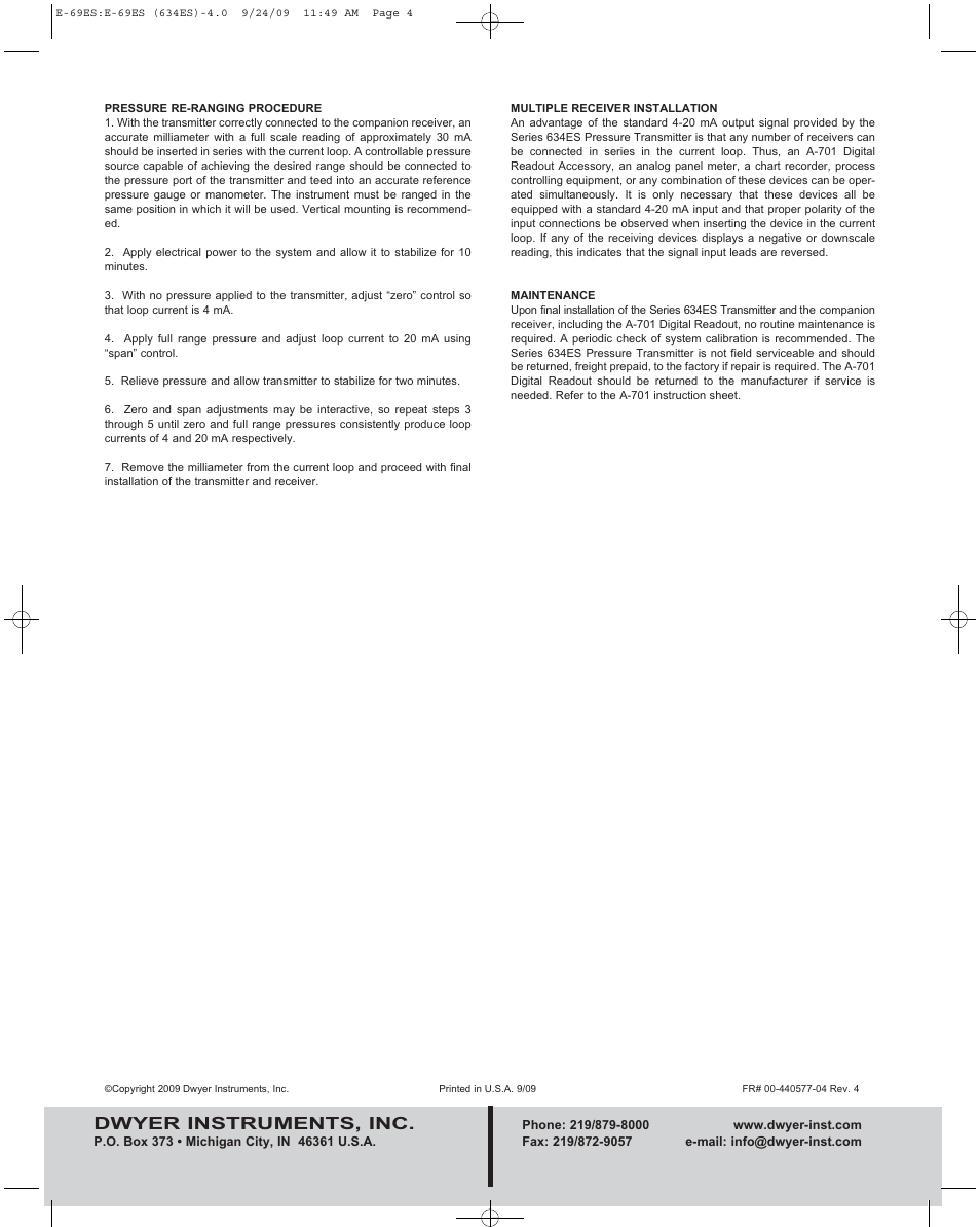 Dwyer instruments, inc | Dwyer 634ES User Manual | Page 4 / 4