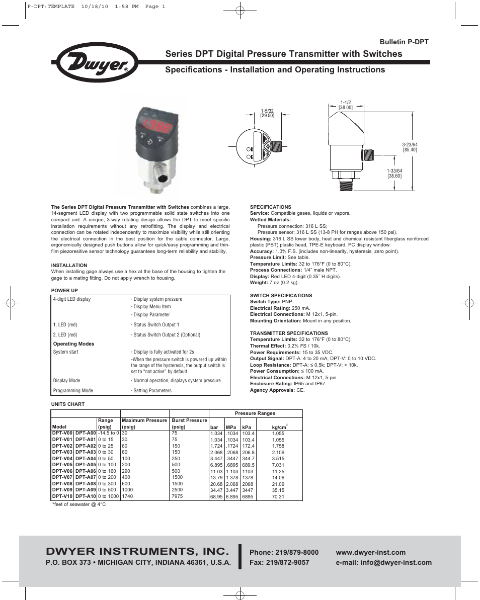 Dwyer DPT User Manual | 4 pages