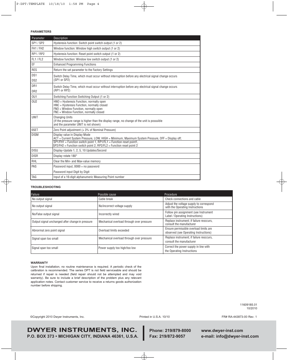 Dwyer instruments, inc | Dwyer DPT User Manual | Page 4 / 4