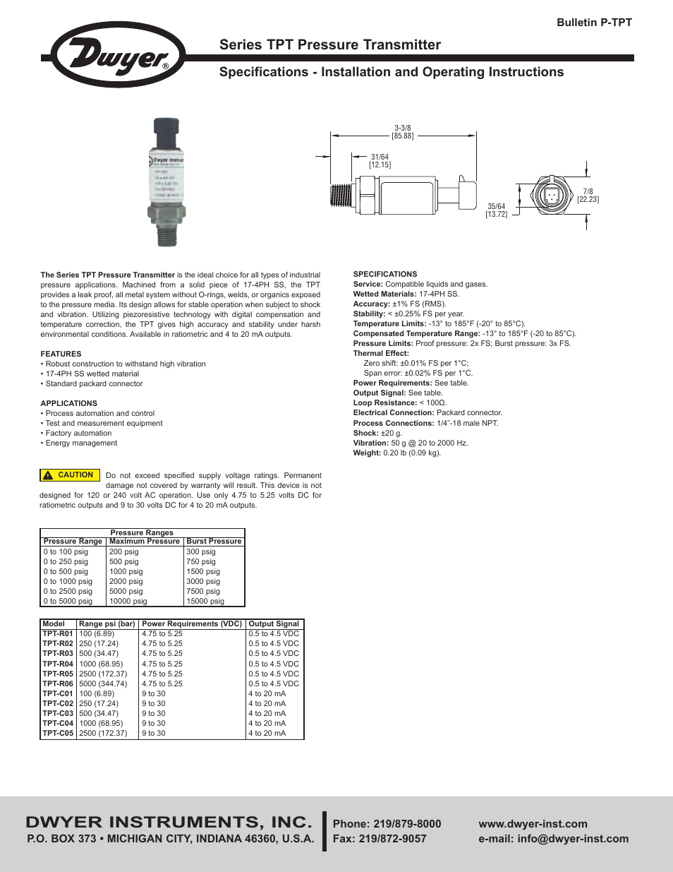 Dwyer TPT User Manual | 2 pages