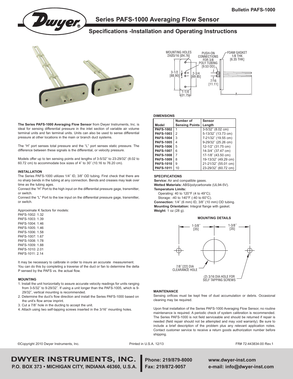 Dwyer PAFS-1000 User Manual | 1 page