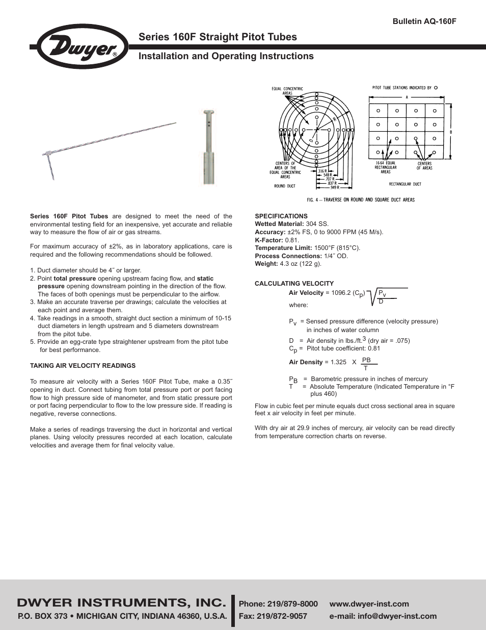 Dwyer 160F User Manual | 2 pages