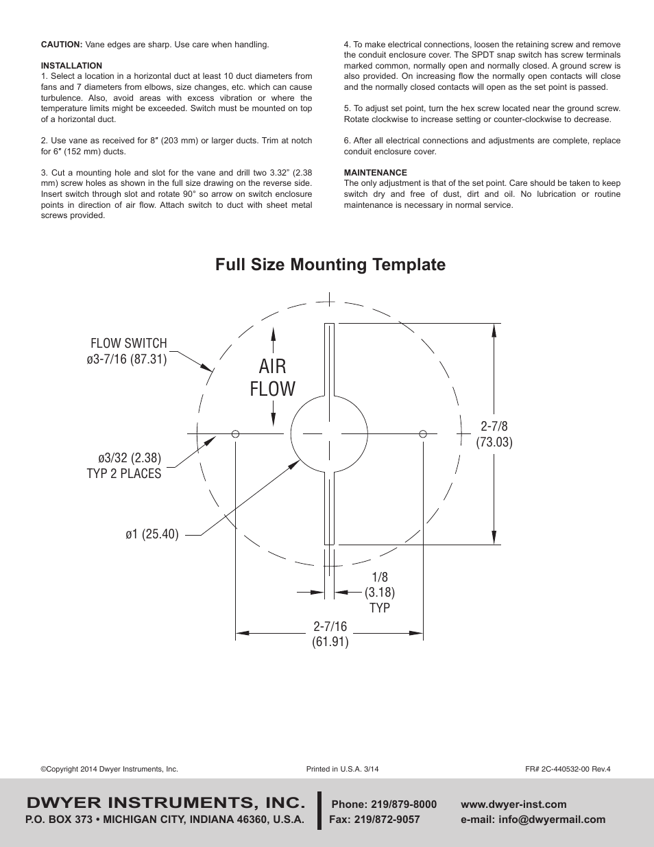 Air flow, Full size mounting template, Dwyer instruments, inc | Dwyer 530 User Manual | Page 2 / 2