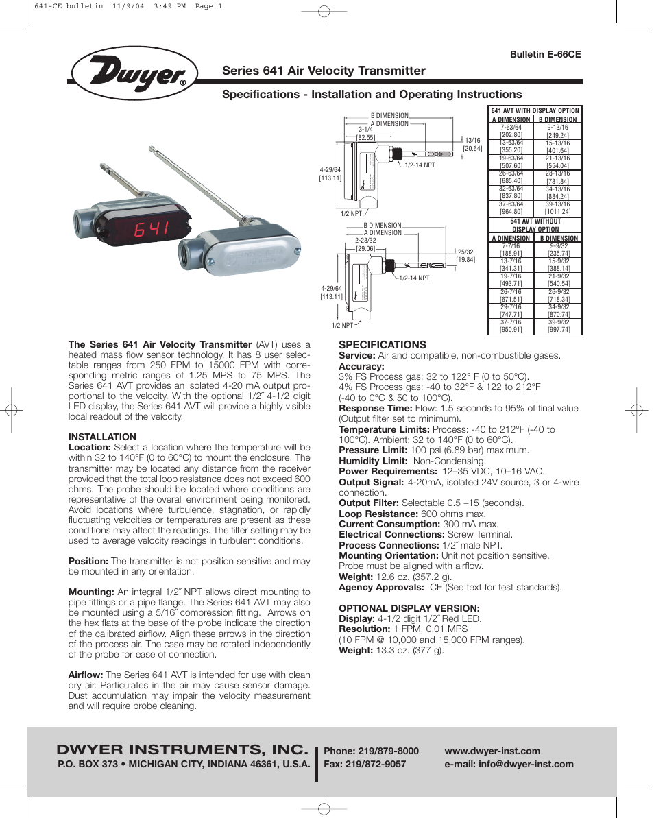 Dwyer 641 User Manual | 4 pages