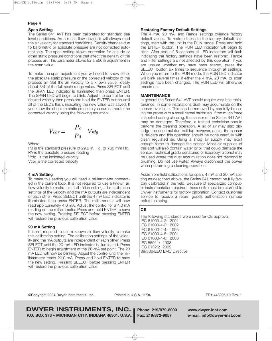 Dwyer instruments, inc | Dwyer 641 User Manual | Page 4 / 4