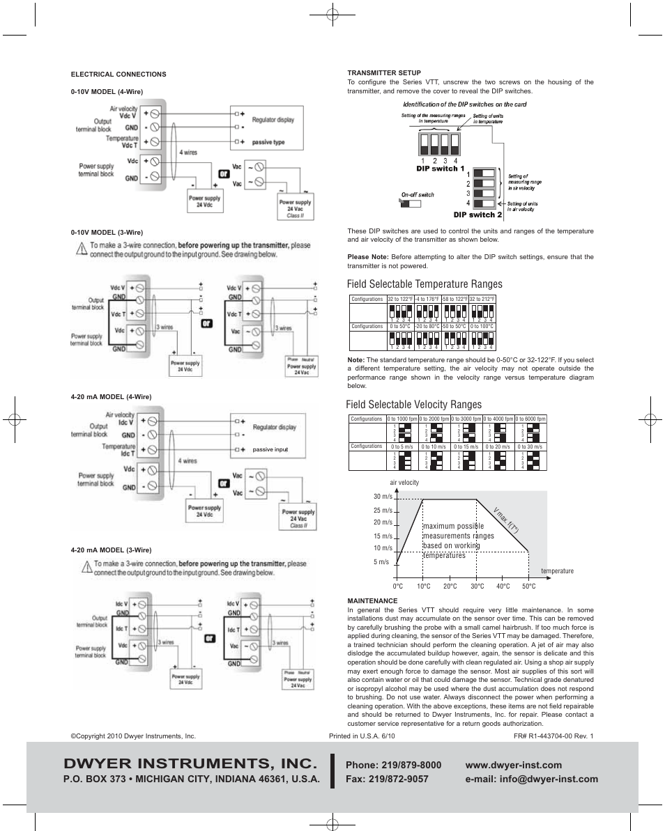 Dwyer instruments, inc, Field selectable temperature ranges, Field selectable velocity ranges | Dwyer VTT User Manual | Page 2 / 2