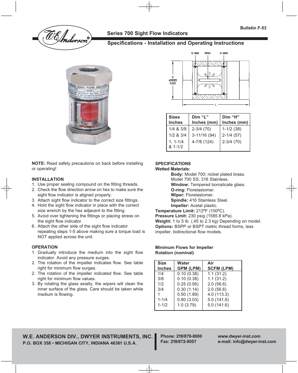 Dwyer SFI-700 User Manual | 2 pages