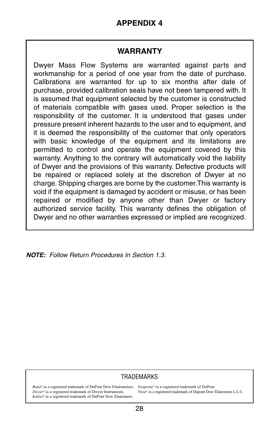 Appendix 4, Warranty, Trademarks | Dwyer GFM User Manual | Page 32 / 32