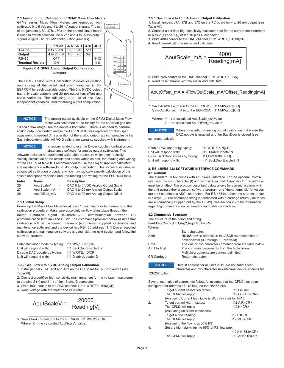 Aoutoffset_ma = -flowoutscale_ma*offset_reading[ma | Dwyer GFM2 User Manual | Page 9 / 20