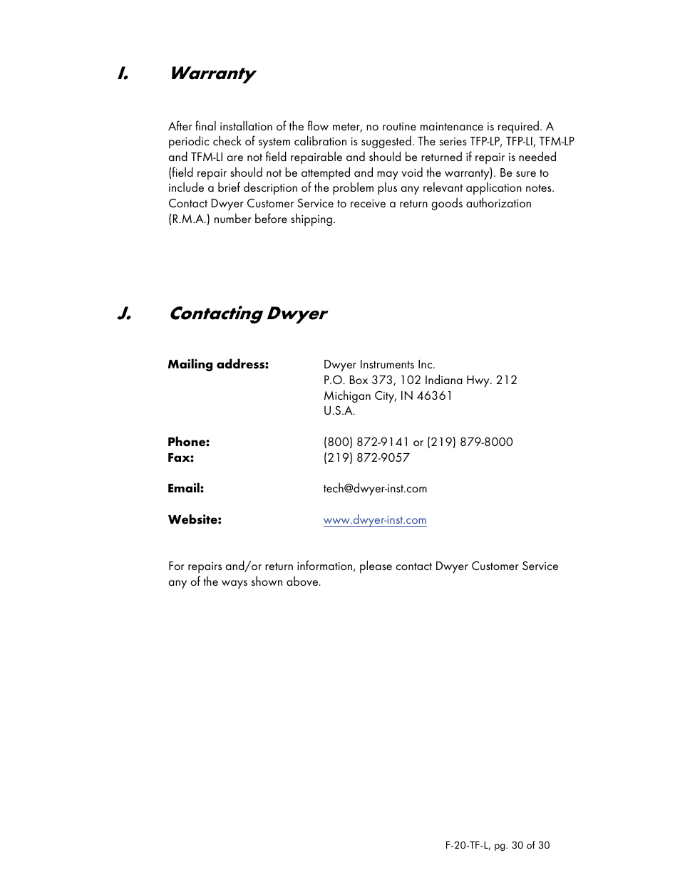 I. warranty, J. contacting dwyer | Dwyer TFM-LP User Manual | Page 30 / 30
