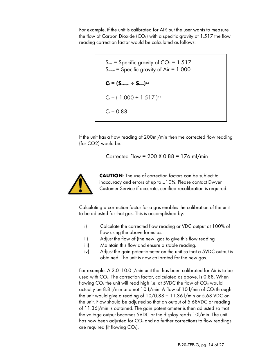 Specific gravity of co, 517 s, Specific gravity of air = 1.000 c | Dwyer TFP-GV User Manual | Page 14 / 27