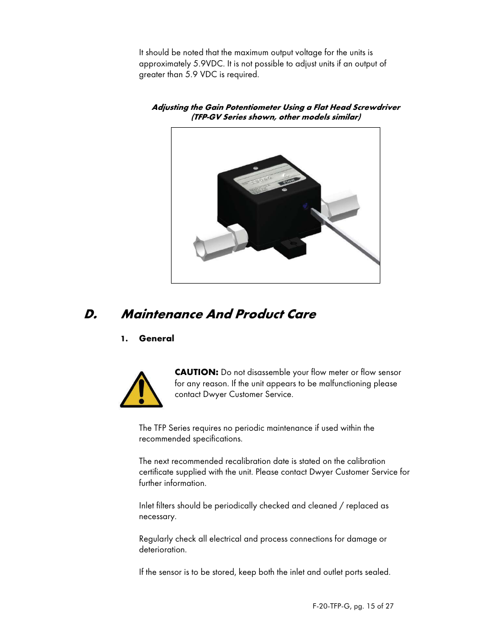 D. maintenance and product care | Dwyer TFP-GV User Manual | Page 15 / 27