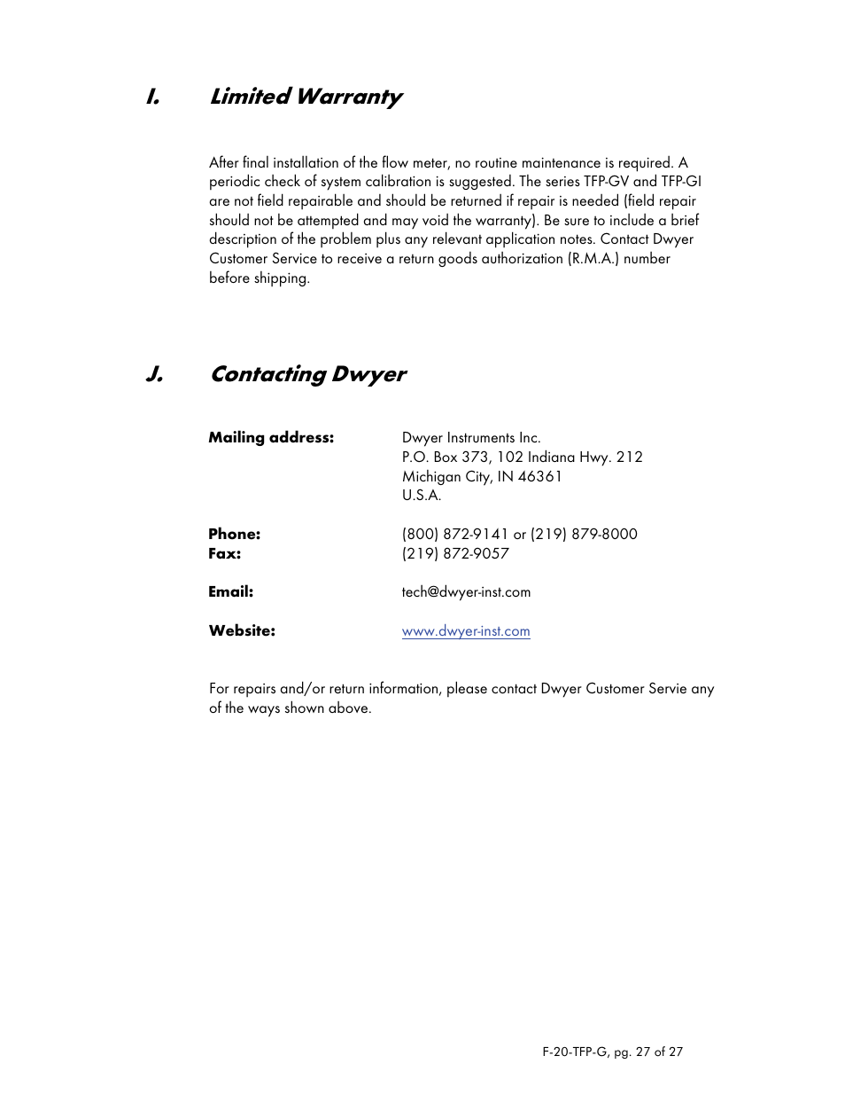 I. limited warranty, J. contacting dwyer | Dwyer TFP-GV User Manual | Page 27 / 27