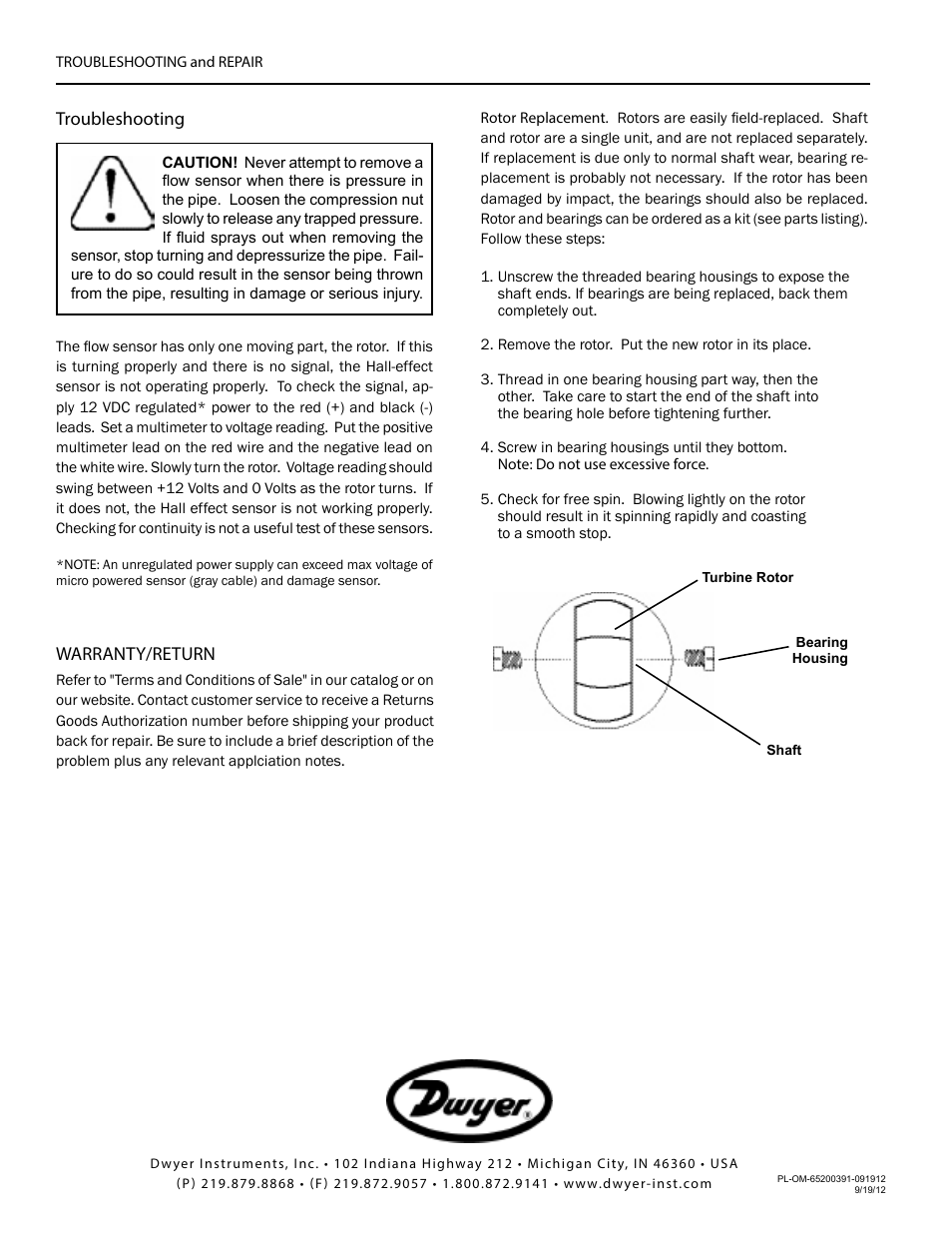 Warranty/return, Troubleshooting | Dwyer TBS User Manual | Page 7 / 7
