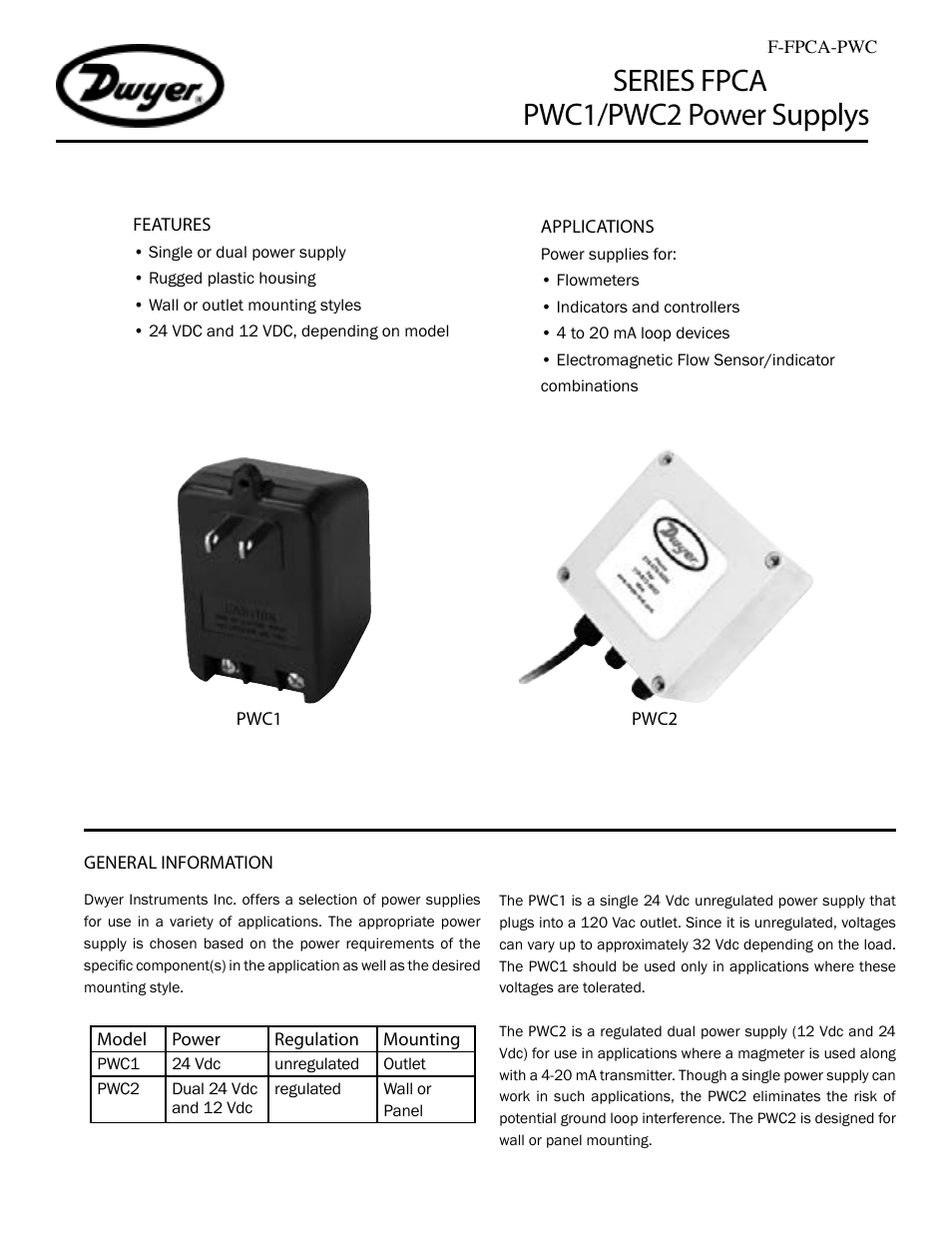 Dwyer FPCA User Manual | 4 pages