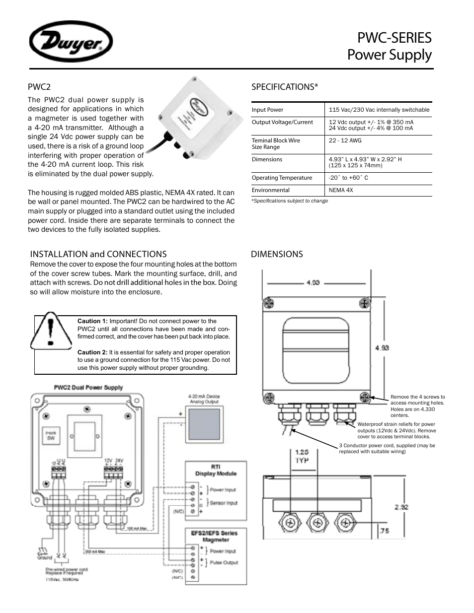 Pwc-series power supply, Specifications, Installation and connections | Pwc2 dimensions | Dwyer FPCA User Manual | Page 2 / 4