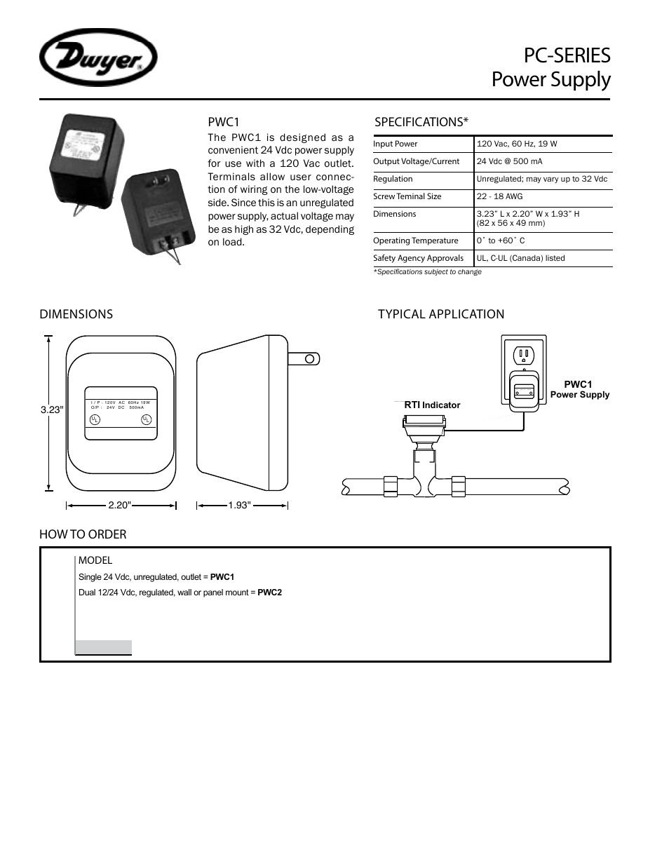 Pc-series power supply, How to order pwc1, Specifications | Dimensions typical application | Dwyer FPCA User Manual | Page 3 / 4