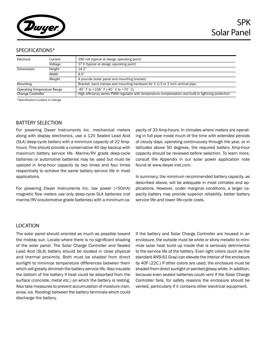 Spk solar panel | Dwyer SPK User Manual | Page 2 / 4