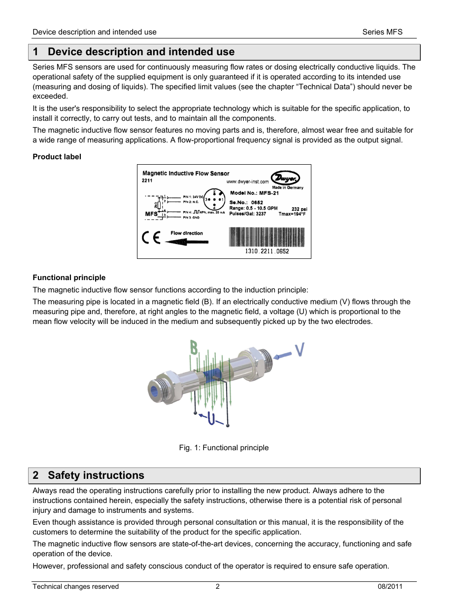 1 device description and intended use, 2 safety instructions, Device description and intended use | Safety instructions | Dwyer MFS User Manual | Page 2 / 8